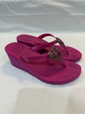BCBGeneration Hot Pink Wedge Flip Flops with Jeweled Heart